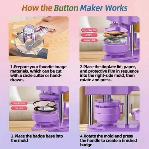 58mm Button Maker Kit With No Install Needed Button Press Includes 100 Sets Supplies Circle Cutter And Bonus DIY Accessories For Badges Crafts And School Projects Easy To Use For Beginners And Families - Step-by-step assembly guide.