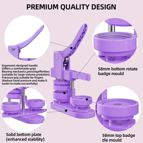 Premium quality 58mm Button Maker Kit with no install needed button press and 100 sets supplies, featuring ergonomic handle and moulds.