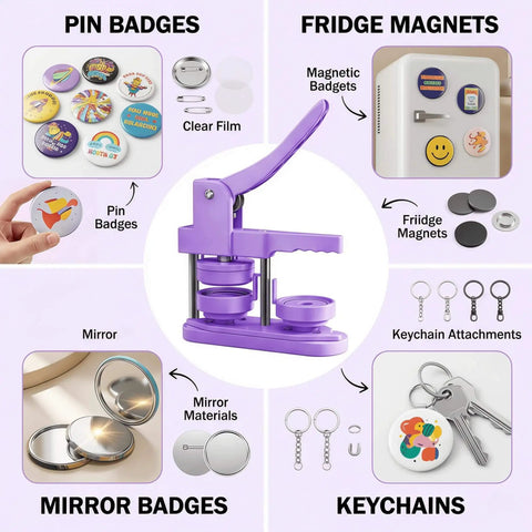 Image of a 58mm Button Maker Kit with No Install Needed Button Press Includes 100 Sets Supplies, showing uses like pins and fridge magnets.