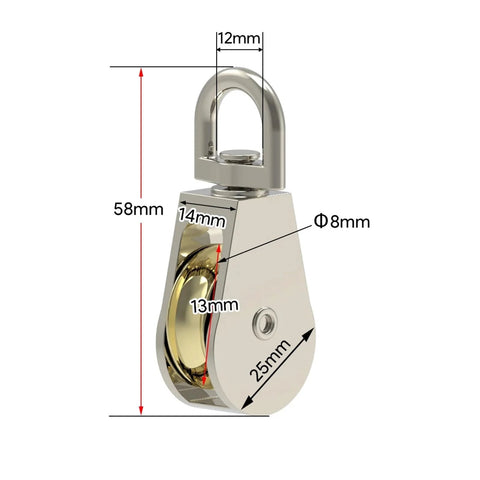 Front view of 58mm Single/Double Wheels Metal Sheave Zinc Alloy Pulley with measurements, designed for DIY lifting projects.