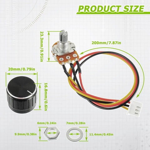 5K Ohm Linear Taper Rotary Potentiometer WH148 with XH2.54 3 pin connector wire and black knob, product dimensions shown