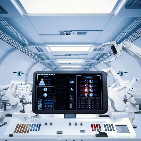 High-tech control room with advanced robotics and display, relevant to 5V Rotary Encoder Module With 20 Pulses Per Revolution Optical Scanning Technology