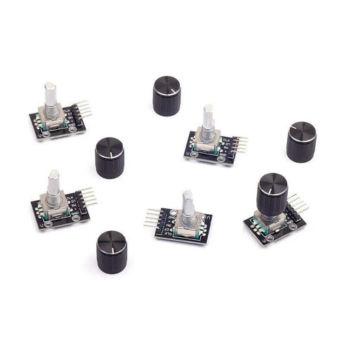 KY-040 Rotary Encoder Module Pack Of 5 With Knob Cap For Arduino 5V Pulse Encoder shown with aluminum knob caps