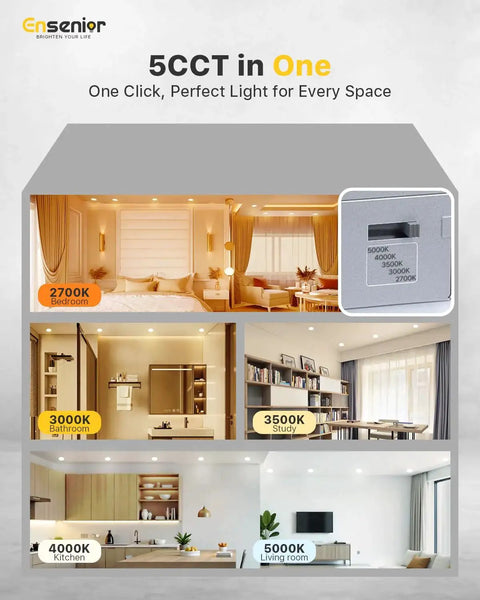Diagram showing Six Pack 6-Inch LED Recessed Light Dimmable 2700K-5000K 5CCT in different rooms with adjustable color temperature switch.