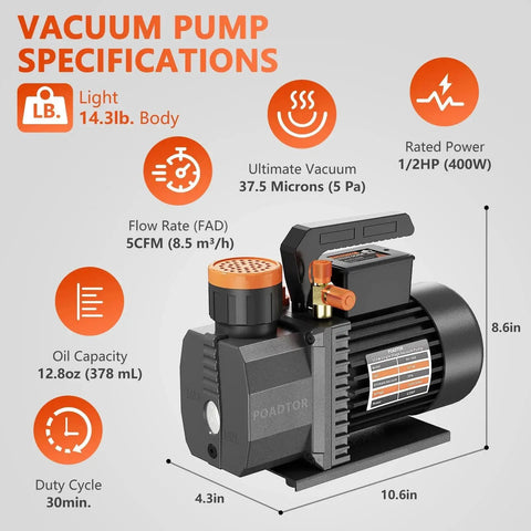 Diagram showing specifications of 5CFM Rotary Vane Vacuum Pump For HVAC Systems 0.5 HP 110V With 38 Micron Vacuum Level by POADTOR.