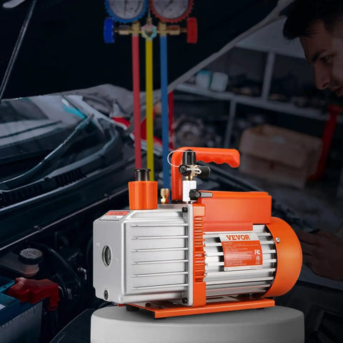 Powerful 5 CFM Two Stage Rotary Vane Vacuum Pump With Sparkless Motor For HVAC And Auto Repair Not Only For R22 R410a But Also R32 R1234yf Systems From VEVOR With Two Oil Bottles Resin Degassing And Quick Maintenance