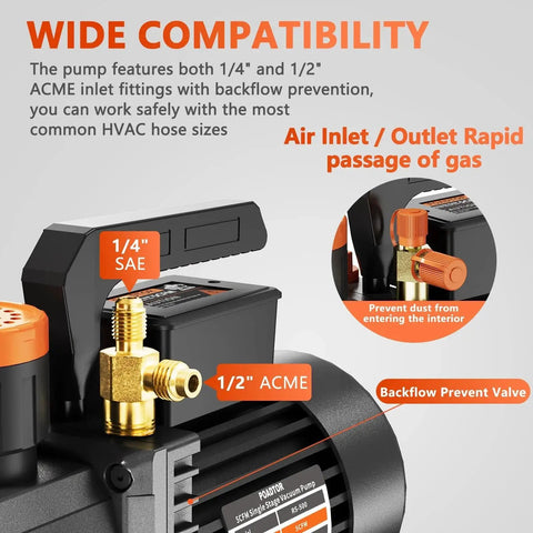 5CFM Rotary Vane Vacuum Pump For HVAC Systems 0.5 HP 110V With 38 Micron Vacuum Level by POADTOR, showing inlet fittings.
