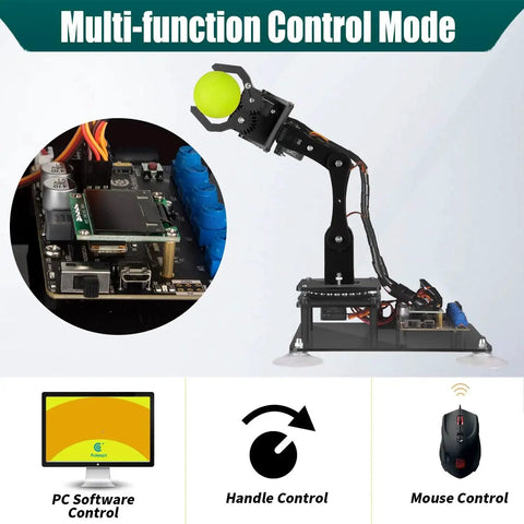 5 DOF Robotic Arm Kit Compatible With Arduino IDE holding ball, close-up on components and control options; STEM educational tool display.