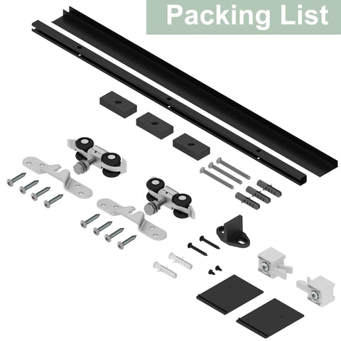 5Ft Barn Door Hardware Kit With Low Clearance Aluminum Box Rail Track For Interior Single Wooden Door Black Finish parts