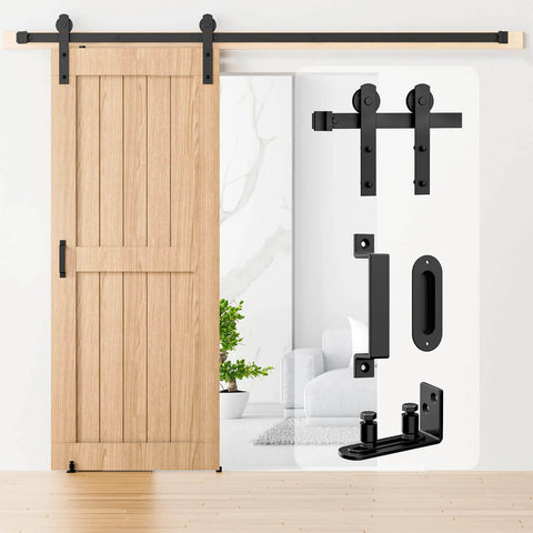 5FT Sliding Barn Door Hardware Kit Heavy Duty with I Shape Hanger, Door Hook, Adjustable Floor Guide and 2 Handles, installed