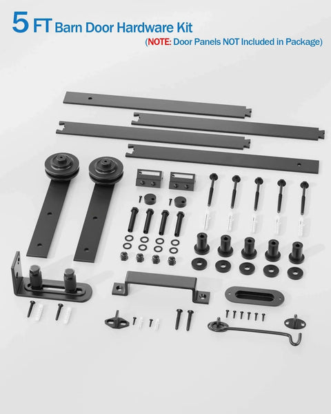 Sliding Barn Door Hardware Kit - 5 FT Heavy Duty Steel Rail Farm Door Hardware Kits laid out with components visible.