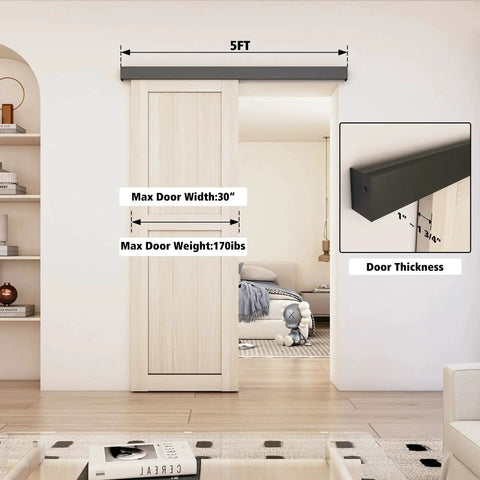 5Ft Barn Door Hardware Kit With Low Clearance Aluminum Box Rail Track For Interior Single Wooden Door Black Finish