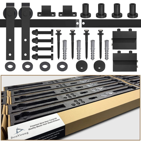 5FT Sliding Barn Door Hardware Kit for Single Doors up to 30 Inch, Heavy Duty Carbon Steel Track with Smooth Quiet Nylon Rollers, Complete Hardware Set Displayed