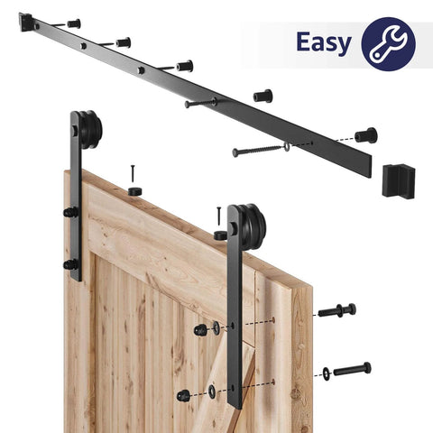 5ft Barn Door Hardware Kit with I shape hanger and heavy duty sliding track, carbon steel and nylon rollers shown in installation.