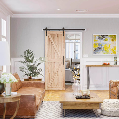5ft Barn Door Hardware Kit with I shape hanger installed on wooden door in living room, showcasing sliding functionality and design.