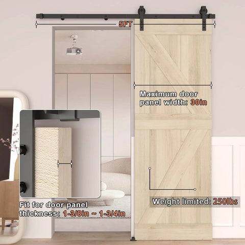 5FT Barn Door Hardware Kit with Heavy Duty Modular Sliding Track installed, wooden door shown with close-up of roller system.