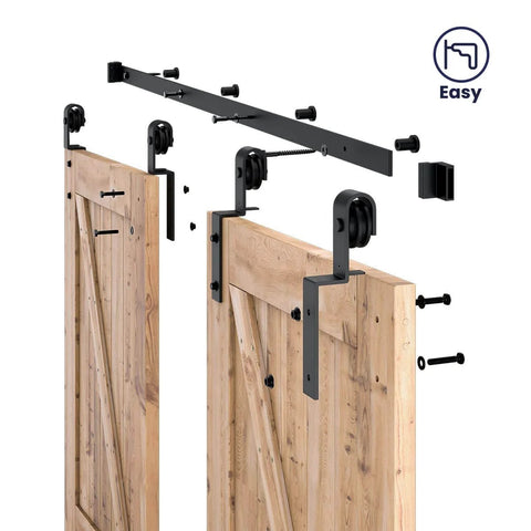 5 Feet Bypass Sliding Barn Door Hardware Kit for Double Wooden Doors with Single Track in black carbon steel