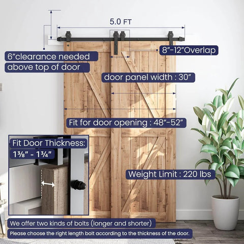 Illustration of 5 Feet Bypass Sliding Barn Door Hardware Kit for Double Wooden Doors with Single Track installed, showing dimensions.