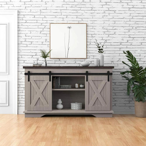 TV stand featuring 5FT Super Mini Barn Door Hardware Kit for Sliding Double Doors with I Shape Hanger, frosted black finish, on light wood.