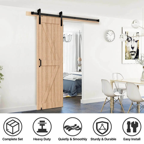 5FT Sliding Barn Door Hardware Kit Heavy Duty with I Shape Hanger installed in a dining room, showing smooth sliding on a black iron track system.