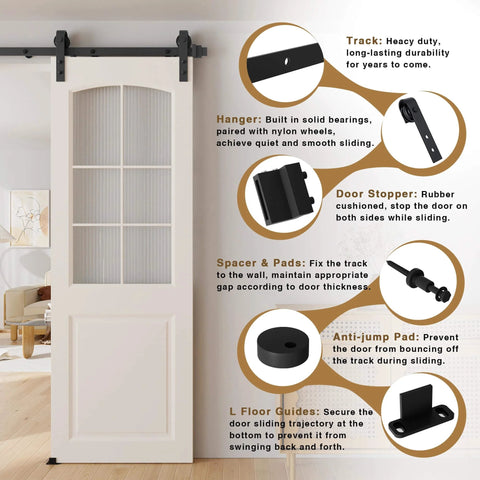 5FT Sliding Barn Door Hardware Kit for Single Doors up to 30 Inch with carbon steel track and nylon rollers, installed with door not included