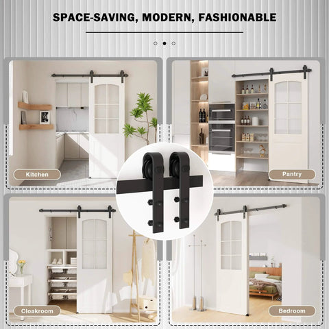 5FT Sliding Barn Door Hardware Kit for Single Doors up to 30 Inch installed in kitchen, pantry, cloakroom, and bedroom spaces