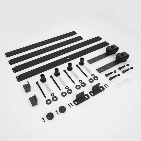 Components of 5FT Barn Door Hardware Kit with Heavy Duty Modular Sliding Track, J Shaped Carbon Steel System, Smooth Quiet Rollers