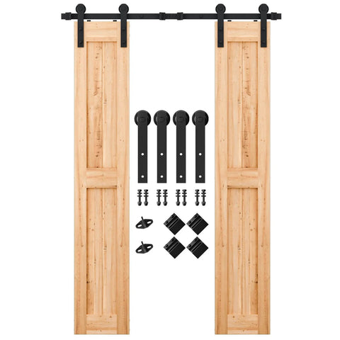 5FT Heavy Duty Double Door Sliding Barn Door Hardware Kit with carbon steel track, smooth nylon rollers, and hardware for double 15 inch panels