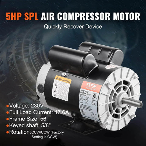 5HP SPL Air Compressor Electric Motor, 230V 17.6Amps, 56 Frame 3450RPM, 5/8" Keyed Shaft, 1.88" Shaft Length, Single Phase, CW/CCW Rotation