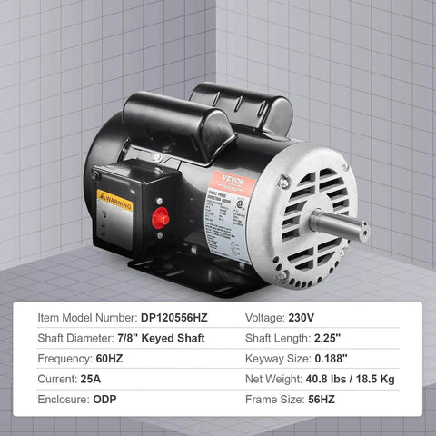5HP Air Compressor Electric Motor, 230V 25 Amps, 56HZ Frame 3450RPM, 7/8" Keyed Shaft, 2.25" Shaft Length, Single Phase, CCW/CW
