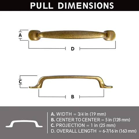 Dimensions of the set of six traditional five inch center to center antique brass cabinet pulls with curved classic design.