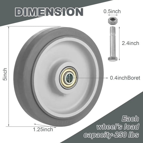 Diagram showing dimensions of 6-Piece Shopping Cart Wheel Replacement Kit With 5-Inch Wheels Axles Bolts And Washers Nylon And Polyurethane Construction