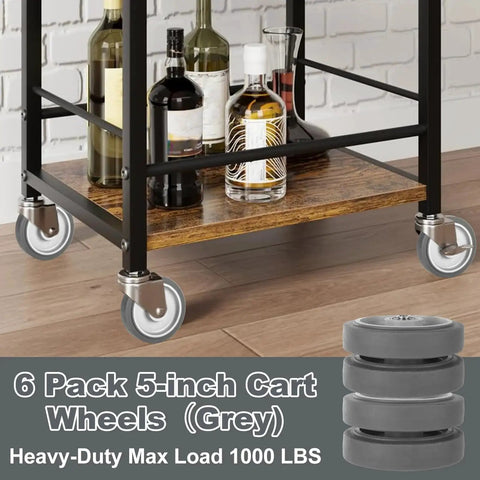 6-Piece Shopping Cart Wheel Replacement Kit With 5-Inch Wheels Axles Bolts And Washers Nylon And Polyurethane Construction Durable Grey Wheels With Bearings And Tread For Smooth Rolling displayed on kitchen cart