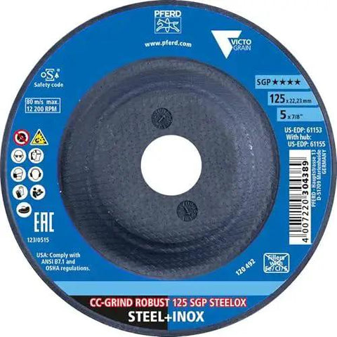 Image of CC Grind Robust Grinding Disc by PFERD, 5 inch diameter with STEELOX VICTOGRAIN for aggressive metal grinding.
