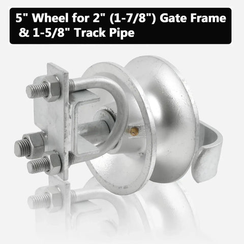 Five Inch Sliding Gate Rollers Two Pack For Chain Link Gates, Compatible With Two Inch Gate Frame And One And Five Eighths Inch Track Pipe, Galvanized Steel Wheel Hardware For Durable, Rust Resistant Gate Operation