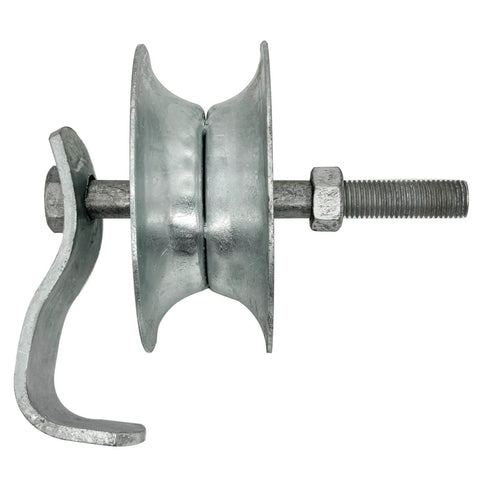 Side view of a 5 Inch Sliding Gate Roller for Steel Pipe Track with galvanized finish, designed for 1 5/8 Inch Pipe Track, hardware visible.