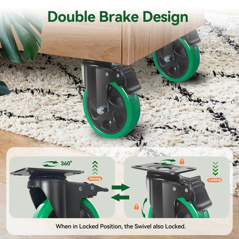 5 Inch Heavy Duty Swivel Plate Caster Wheels Set Of 4 With Brake Silent Polyurethane Castors For Furniture And Workbench Cart Durable Steel Top Plate And Double Ball Bearings Load Capacity Up To 550 Lb Per Caster 2200 Lb Total Green showing double brake design.