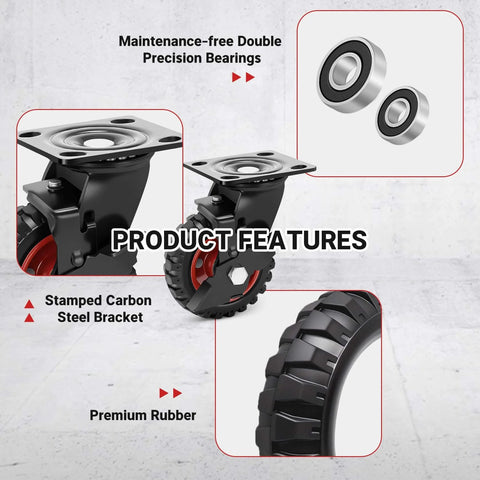 5 Inch Outdoor Heavy Duty Caster Wheels Set of 4 with Brakes, highlighting precision bearings, steel bracket, and rubber tread