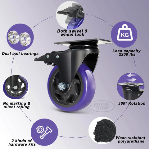 5 Inch Heavy Duty Caster Wheels Set of 4 with Brake, showing swivel caster with dual ball bearings and locking plate