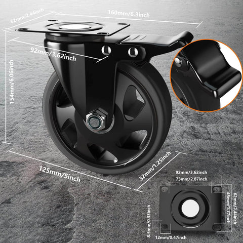 5 inch heavy duty swivel caster wheel with double safety brakes, stainless steel frame, polyurethane wheel, 360 swivel locking