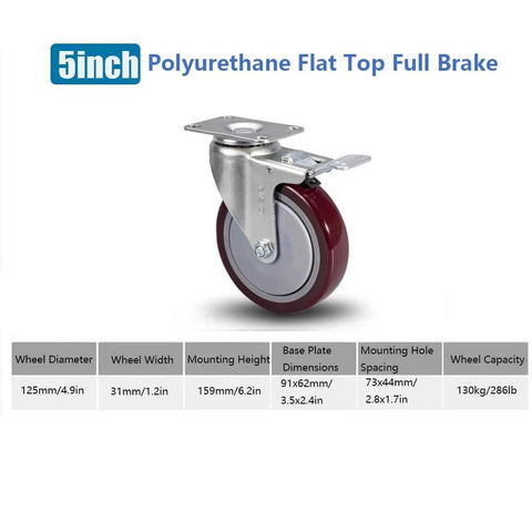 5 Inch Heavy Duty Anti Tangling Caster Wheel with Brake, 360 Degree Swivel PU Caster, Carbon Steel Plate for Furniture and Workbenches