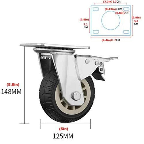 5 Inch Heavy Duty Swivel Plate Caster Wheels, Rubber Tire Tread Industrial Castors, side view with dimensions and mounting plate diagram