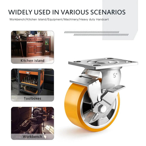 5 Inch Heavy Duty Locking Casters Set Of 4 With Plate Mount Swivel Wheels For Heavy Duty Carts, Workbenches And Equipment, 5000 Lb Load Capacity, Durable Orange Finish For Industrial Use