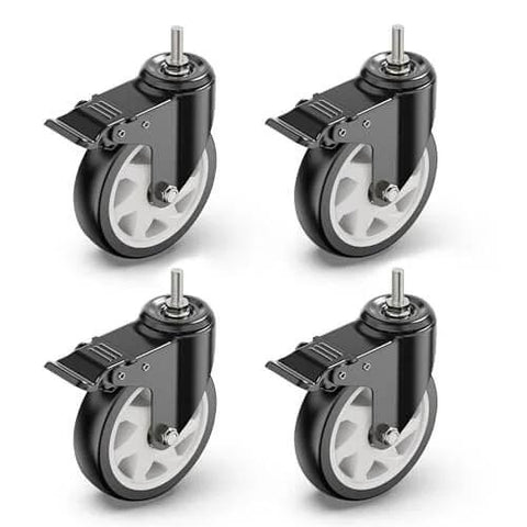 Set of 4 black 5 Inch Total Locking Stem Caster Wheels with 3/8 Inch 16 x 1 Threaded Stem, PVC wheels, steel housing, swivel locks.