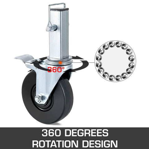 4 Pack 5 Inch Scaffolding Rubber Swivel Caster Wheels With Dual Locking Heavy Duty Casters 1.26 Inch Square Stem 440 Lbs Per Wheel 360 Degree Rotation Non Marking Quiet Rolling For Carts Benches And Workstations showing 360 degree rotation design.