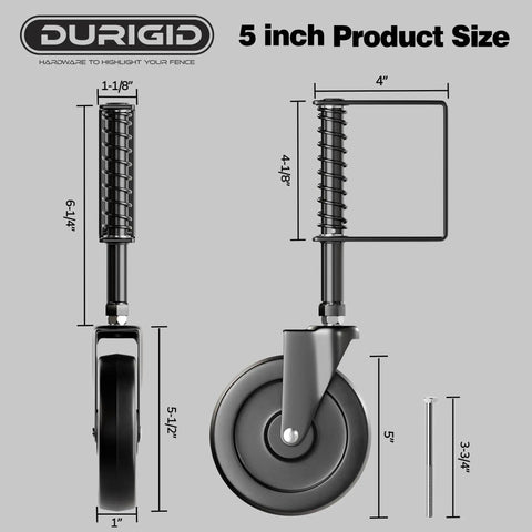 Side view of a 5 Inch Spring Loaded Gate Wheel Caster For Outdoor Gates And Fences, 200 Lbs Capacity, Durable PP Wheel With Shock Absorbing Spring
