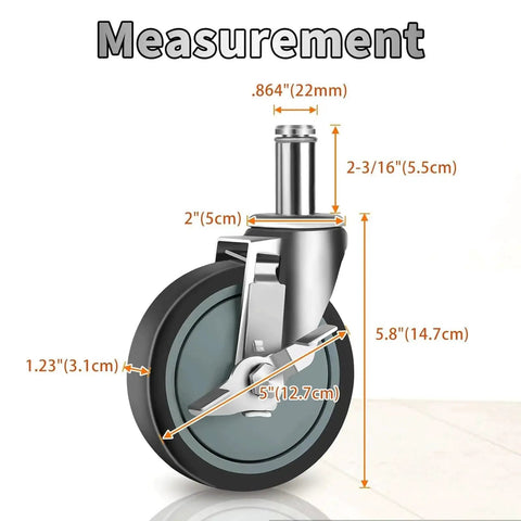 5 Inch Stem Casters For Wire Shelving Heavy Duty Swivel Wheels With Brakes Set Of 4 shown with dimensions and measurements.