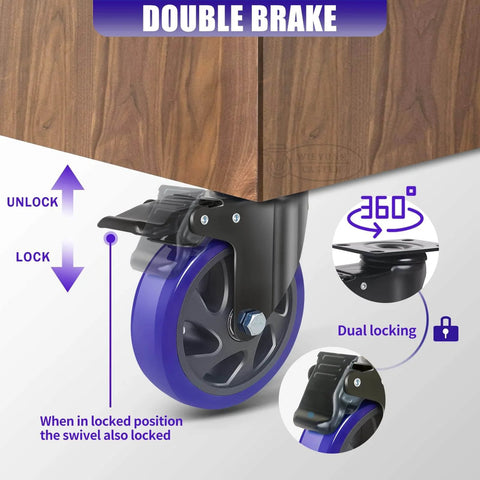5 Inch Heavy Duty Caster Wheels Set of 4 with Brake, showing dual locking plate and swivel mechanism on furniture