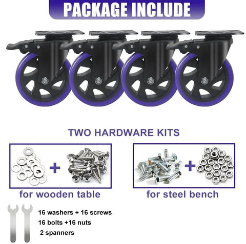 5 Inch Heavy Duty Caster Wheels Set of 4 with Brake, includes two hardware kits for wood and steel.