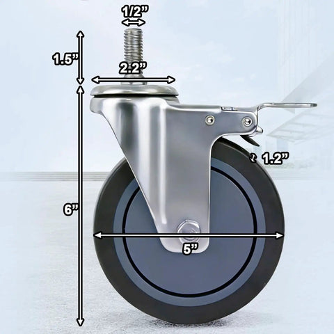 Side view of a 5 Inch Locking Swivel Caster with Brake, 1/2-13 X 1.5 Threaded Stem, Grey TPR Rubber Wheel, Heavy Duty for Carts